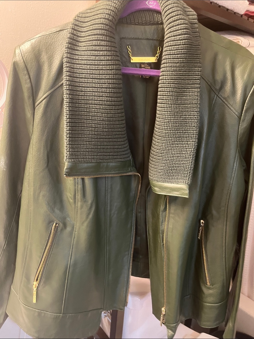IMAN Olive Green Leather Jacket with Knit Shawl Collar